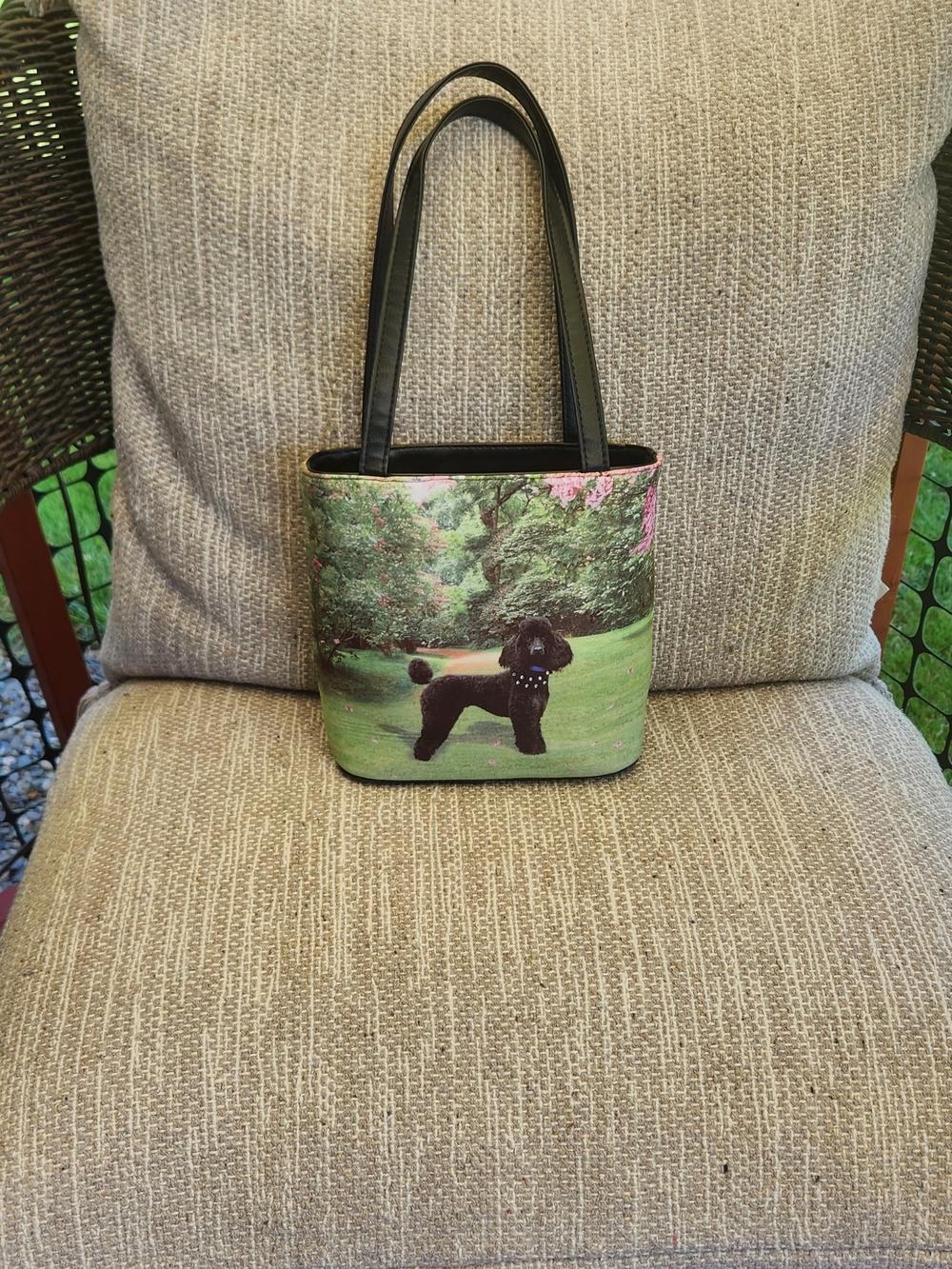 Black Poodle Diamond Collar, Tote Bag, with Scenic Print.